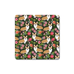 Welsh Corgi Hawaiian Pattern Florals Tropical Summer Dog Square Magnet by Celenk