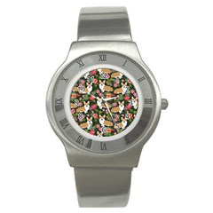 Welsh Corgi Hawaiian Pattern Florals Tropical Summer Dog Stainless Steel Watch by Celenk