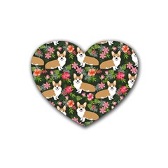 Welsh Corgi Hawaiian Pattern Florals Tropical Summer Dog Heart Coaster (4 Pack)  by Celenk