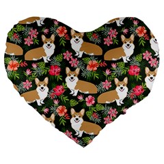 Welsh Corgi Hawaiian Pattern Florals Tropical Summer Dog Large 19  Premium Heart Shape Cushions by Celenk