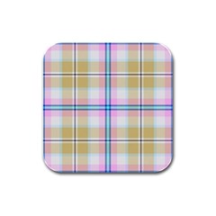 Pink And Yellow Plaid Rubber Square Coaster (4 Pack)  by allthingseveryone