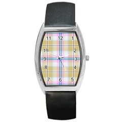 Pink And Yellow Plaid Barrel Style Metal Watch by allthingseveryone