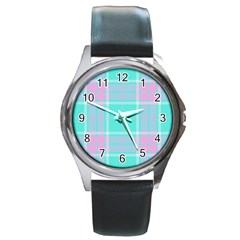 Blue And Pink Pastel Plaid Round Metal Watch by allthingseveryone