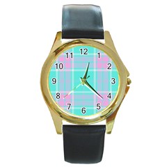 Blue And Pink Pastel Plaid Round Gold Metal Watch by allthingseveryone