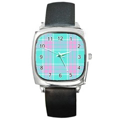 Blue And Pink Pastel Plaid Square Metal Watch by allthingseveryone