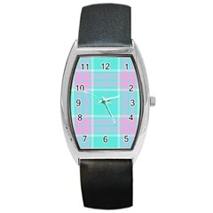 Blue And Pink Pastel Plaid Barrel Style Metal Watch by allthingseveryone