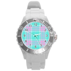 Blue And Pink Pastel Plaid Round Plastic Sport Watch (l) by allthingseveryone