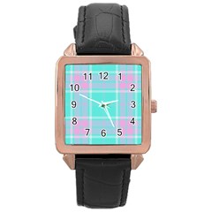 Blue And Pink Pastel Plaid Rose Gold Leather Watch  by allthingseveryone