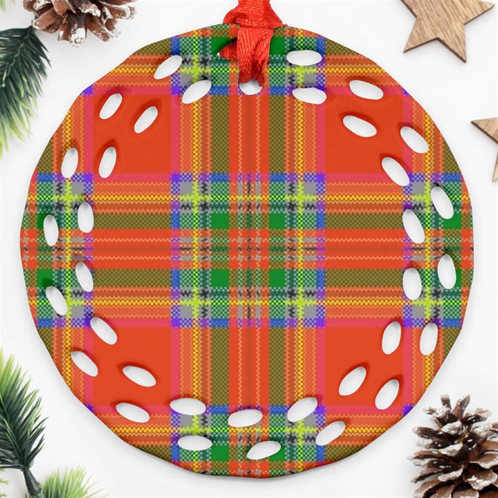 Orange And Green Plaid Ornament (Round Filigree)