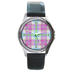 Pink And Blue Plaid Round Metal Watch by allthingseveryone