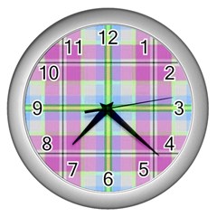 Pink And Blue Plaid Wall Clocks (silver)  by allthingseveryone