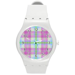 Pink And Blue Plaid Round Plastic Sport Watch (m) by allthingseveryone