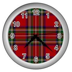 Red Tartan Plaid Wall Clocks (silver)  by allthingseveryone