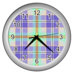 Blue And Yellow Plaid Wall Clocks (silver)  by allthingseveryone