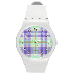 Blue And Yellow Plaid Round Plastic Sport Watch (m) by allthingseveryone