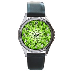 Lime Green Starburst Fractal Round Metal Watch by allthingseveryone