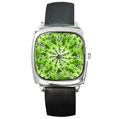 Lime Green Starburst Fractal Square Metal Watch by allthingseveryone