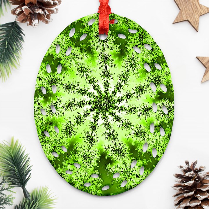 Lime Green Starburst Fractal Oval Filigree Ornament (Two Sides)