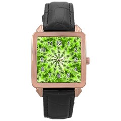 Lime Green Starburst Fractal Rose Gold Leather Watch  by allthingseveryone