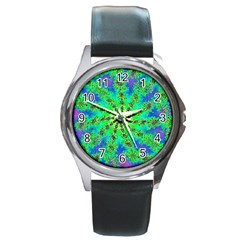 Green Psychedelic Starburst Fractal Round Metal Watch