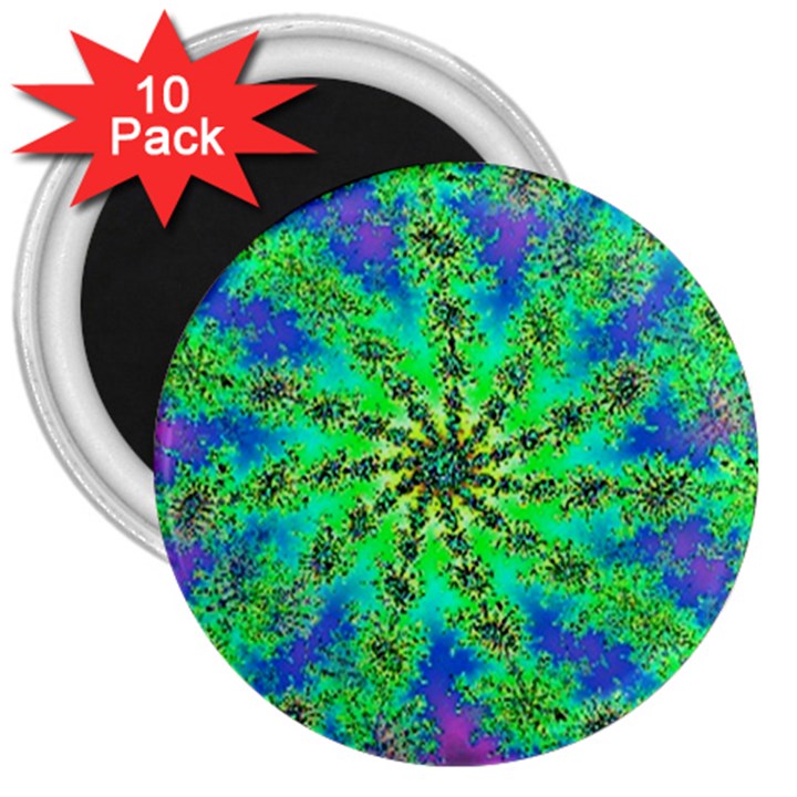 Green Psychedelic Starburst Fractal 3  Magnets (10 pack) 