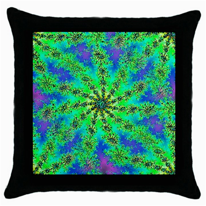 Green Psychedelic Starburst Fractal Throw Pillow Case (Black)