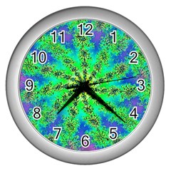 Green Psychedelic Starburst Fractal Wall Clocks (silver) 