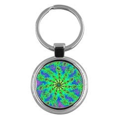 Green Psychedelic Starburst Fractal Key Chains (round)  by allthingseveryone