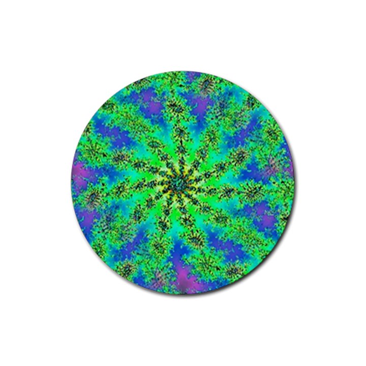 Green Psychedelic Starburst Fractal Rubber Coaster (Round) 