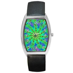 Green Psychedelic Starburst Fractal Barrel Style Metal Watch