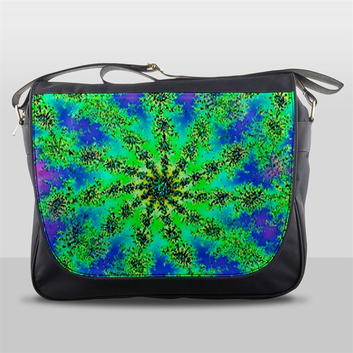 Green Psychedelic Starburst Fractal Messenger Bags