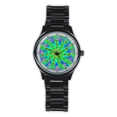 Green Psychedelic Starburst Fractal Stainless Steel Round Watch