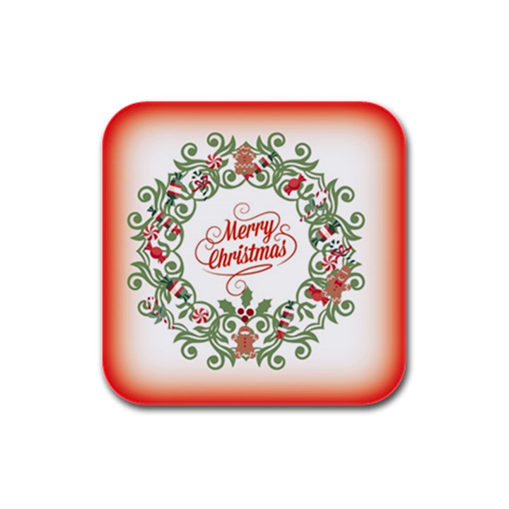 Merry Christmas Wreath Rubber Square Coaster (4 pack) 