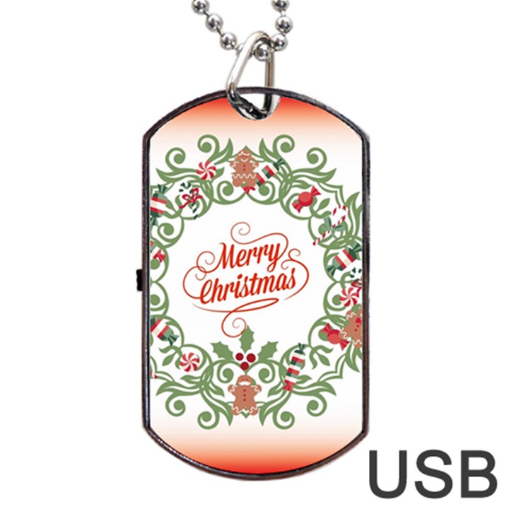 Merry Christmas Wreath Dog Tag USB Flash (One Side)