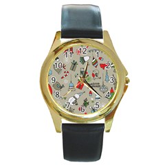 Beautiful Design Christmas Seamless Pattern Round Gold Metal Watch by Celenk