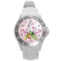 Wonderful Flowers, Soft Colors, Watercolor Round Plastic Sport Watch (l) by FantasyWorld7