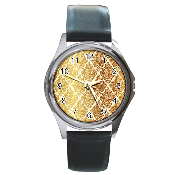 Vintage,gold,damask,floral,pattern,elegant,chic,beautiful,victorian,modern,trendy Round Metal Watch