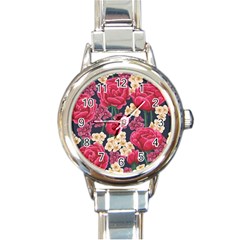 Pink Roses And Daisies Round Italian Charm Watch by Bigfootshirtshop