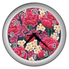 Pink Roses And Daisies Wall Clocks (silver)  by Bigfootshirtshop