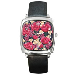 Pink Roses And Daisies Square Metal Watch by Bigfootshirtshop