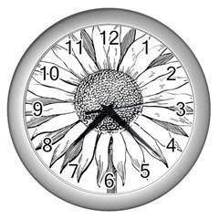 Sunflower Flower Line Art Summer Wall Clocks (silver)  by Celenk