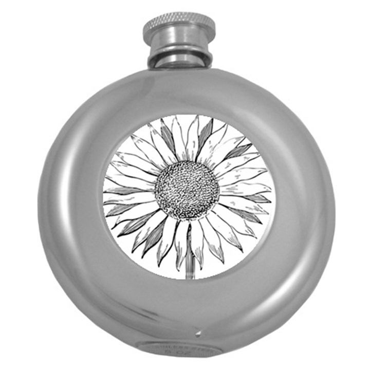 Sunflower Flower Line Art Summer Round Hip Flask (5 oz)