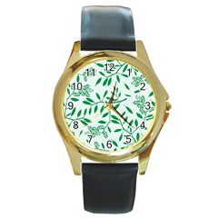 Leaves Foliage Green Wallpaper Round Gold Metal Watch by Celenk