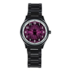 Fractal Magenta Pattern Geometry Stainless Steel Round Watch by Celenk