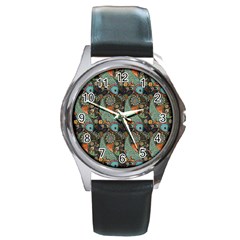 Pattern Background Fish Wallpaper Round Metal Watch by Celenk