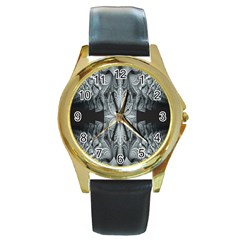 Fractal Blue Lace Texture Pattern Round Gold Metal Watch by Celenk