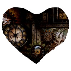 Steampunk, Wonderful Clockwork With Gears Large 19  Premium Heart Shape Cushions by FantasyWorld7