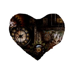 Steampunk, Wonderful Clockwork With Gears Standard 16  Premium Flano Heart Shape Cushions by FantasyWorld7