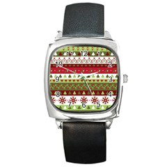 Christmas Spirit Pattern Square Metal Watch by patternstudio