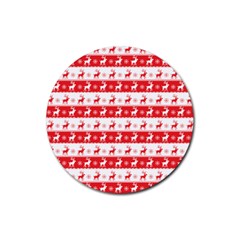 Knitted Red White Reindeers Rubber Coaster (round)  by patternstudio